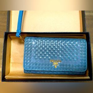 PRADA woven blue leather wristlet